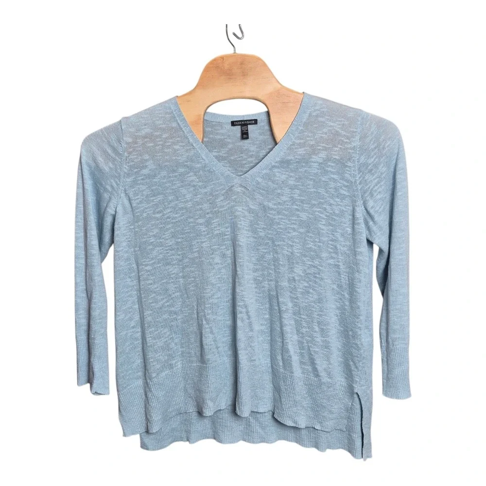 Eileen Fisher Womens Large Blue Organic Linen Cotton V Neck Sweater‎ Top